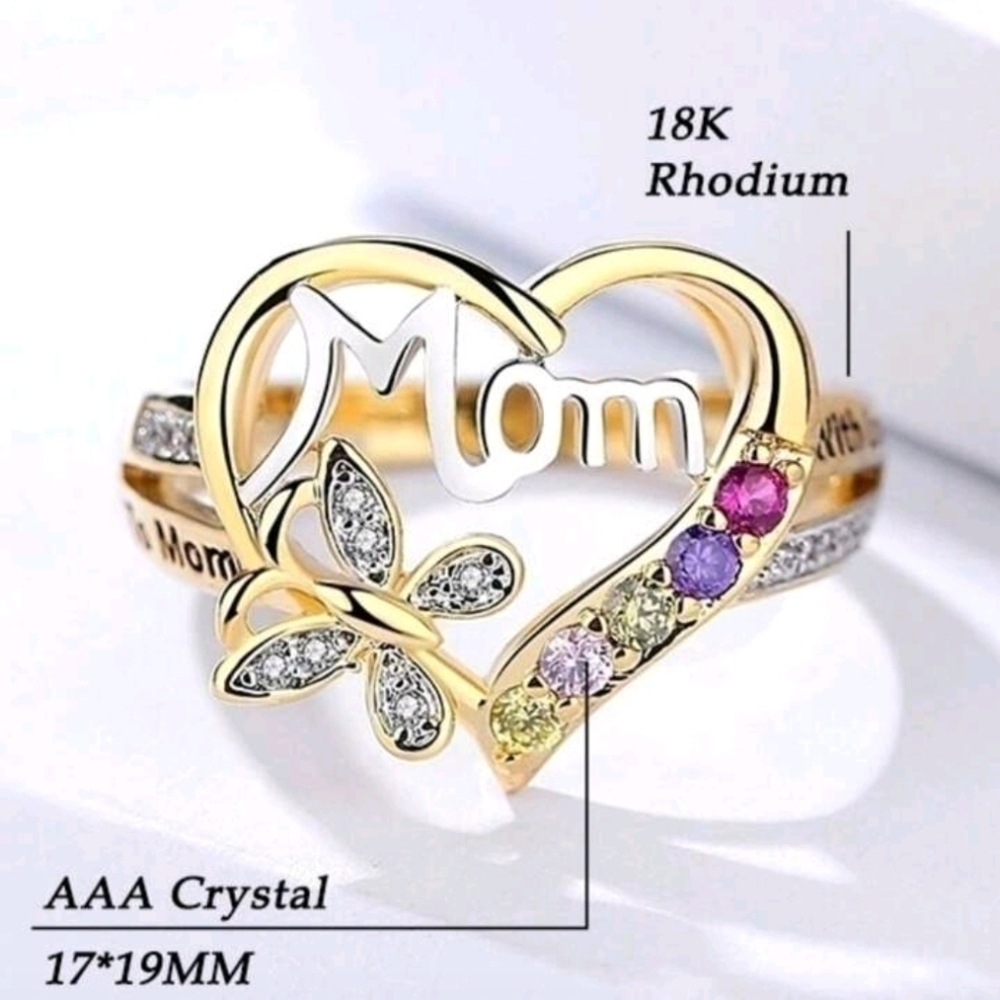 18K Rhodium Heart Mom Ring with AAA Crystals